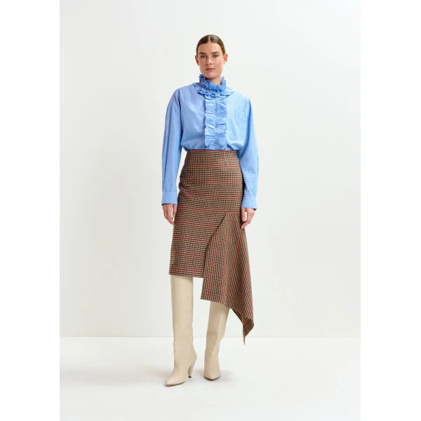 beige and red checked wool-blend draped midi pencil skirt - Essentiel Antwerp Skirts - Colorful Belgian Design - Shop at Luxury Shoes 