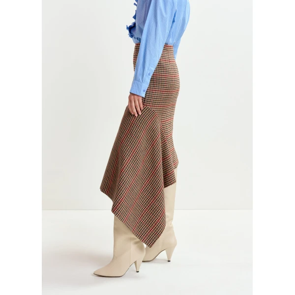 beige and red checked wool-blend draped midi pencil skirt - Essentiel Antwerp Skirts - Colorful Belgian Design - Shop at Luxury Shoes 