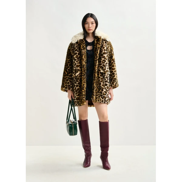 black and off-white leopard print faux fur coat with contrast collar - Essentiel Antwerp Coats - Colorful Belgian Design - Shop at Luxury Shoes 