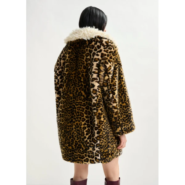 black and off-white leopard print faux fur coat with contrast collar - Essentiel Antwerp Coats - Colorful Belgian Design - Shop at Luxury Shoes 