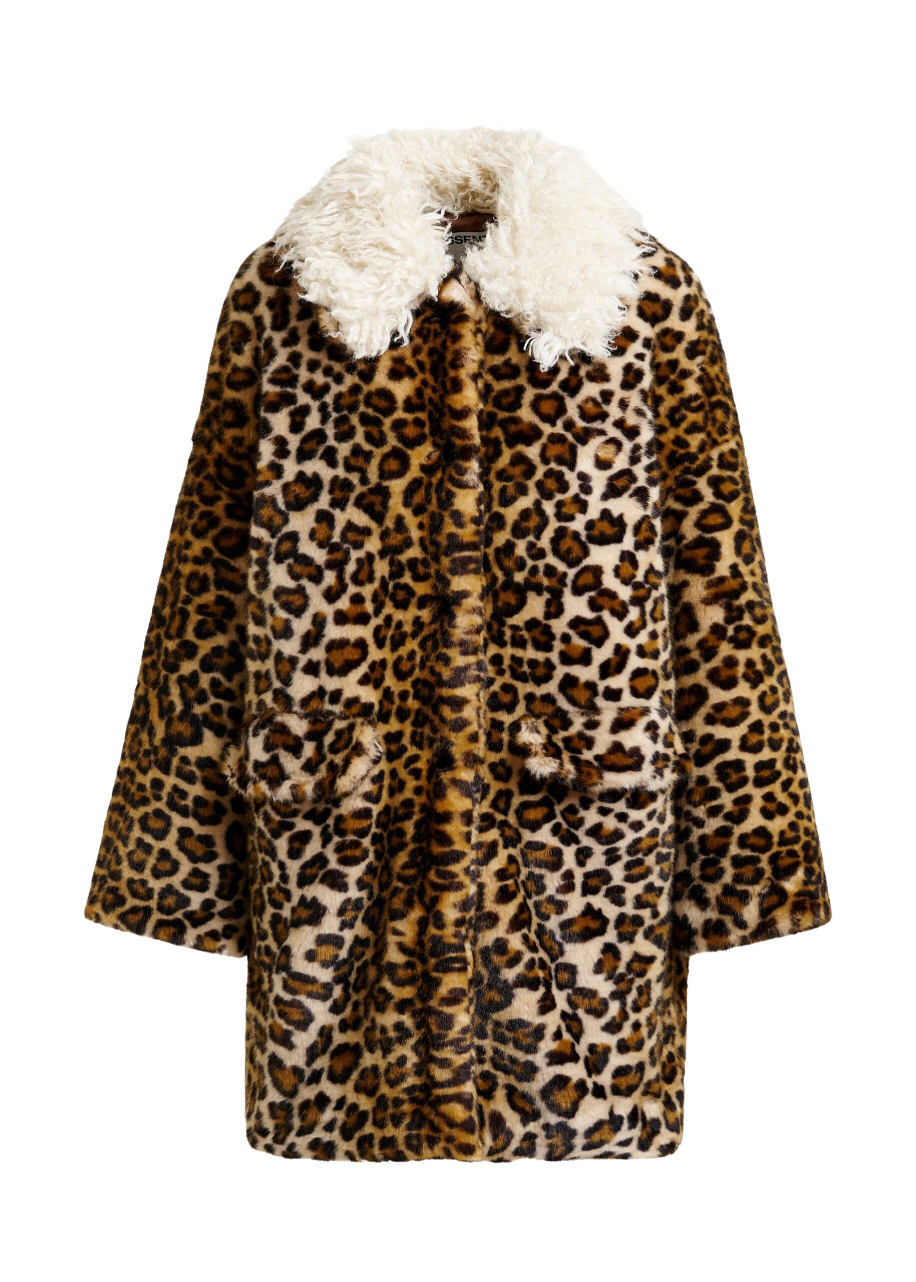Essentiel Antwerp Brown, black and off-white leopard print faux fur coat with contrast collar