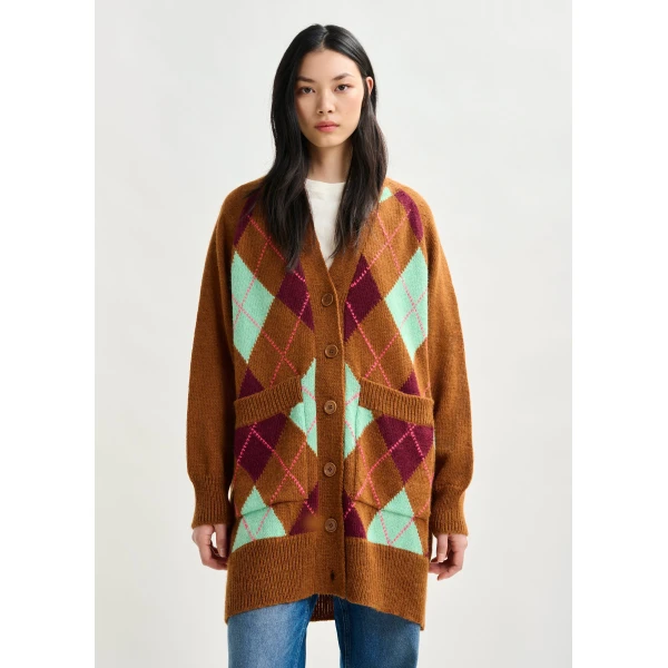 burgundy and mint argyle wool-blend cardigan - Essentiel Antwerp Knitwear - Colorful Belgian Design - Shop at Luxury Shoes 