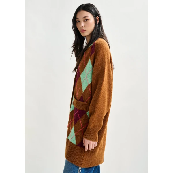 burgundy and mint argyle wool-blend cardigan - Essentiel Antwerp Knitwear - Colorful Belgian Design - Shop at Luxury Shoes 