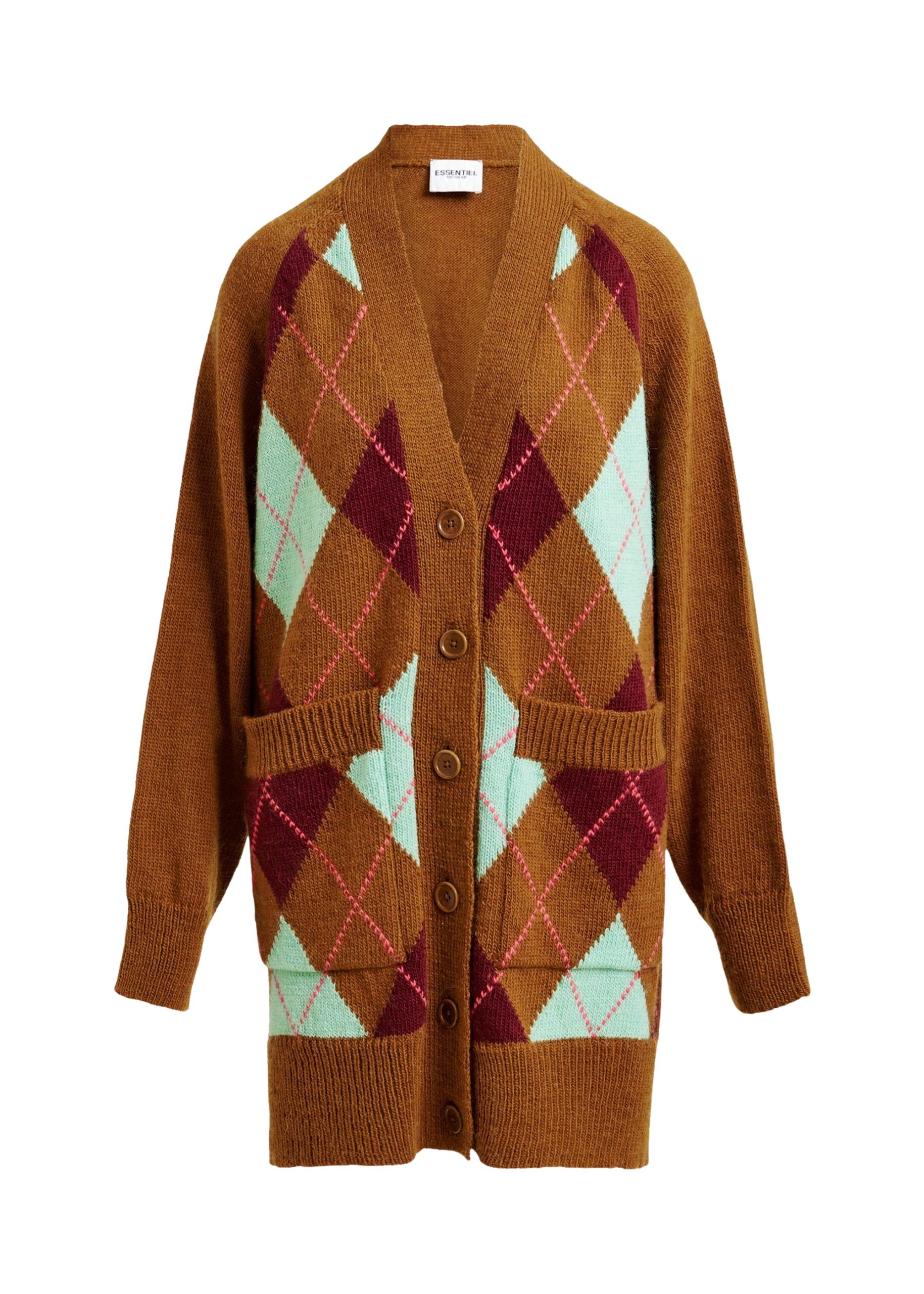 Essentiel Antwerp Brown, burgundy and mint argyle wool-blend cardigan