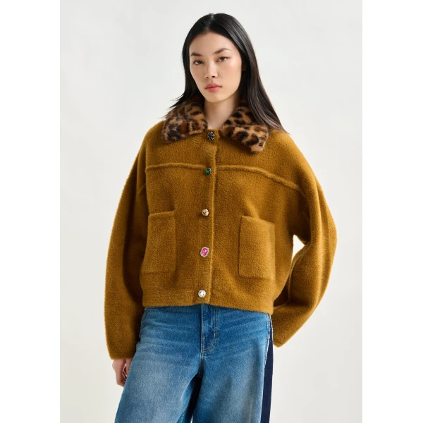 Essentiel Antwerp Brown cardigan with removable leopard faux fur collar - Essentiel Antwerp Knitwear - Colorful Belgian Design - Shop at Luxury Shoes 