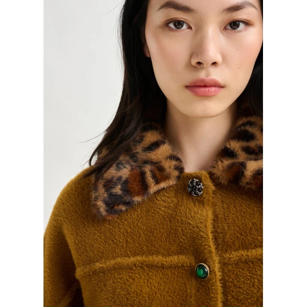 Essentiel Antwerp Brown cardigan with removable leopard faux fur collar - Essentiel Antwerp Knitwear - Colorful Belgian Design - Shop at Luxury Shoes 