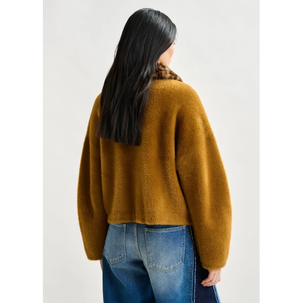 Essentiel Antwerp Brown cardigan with removable leopard faux fur collar - Essentiel Antwerp Knitwear - Colorful Belgian Design - Shop at Luxury Shoes 