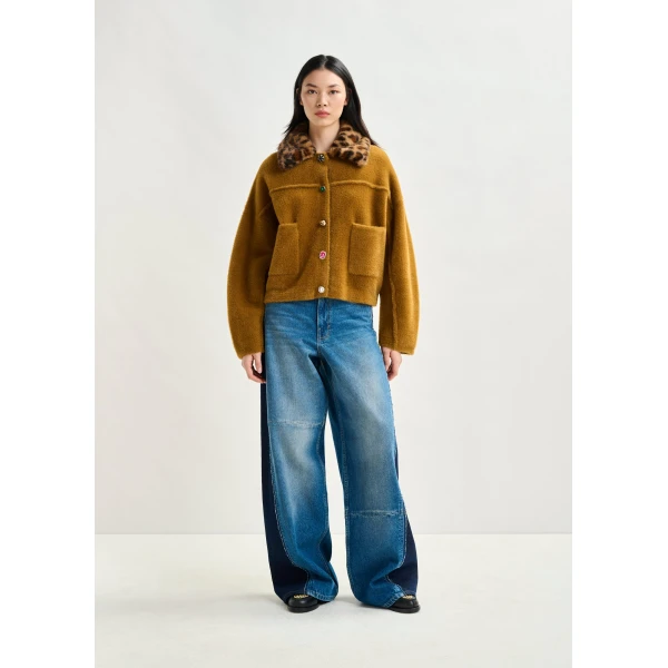 Essentiel Antwerp Brown cardigan with removable leopard faux fur collar - Essentiel Antwerp Knitwear - Colorful Belgian Design - Shop at Luxury Shoes 