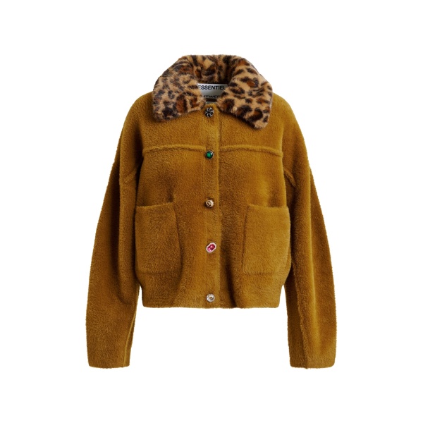 Essentiel Antwerp Brown cardigan with removable leopard faux fur collar - Essentiel Antwerp Knitwear - Colorful Belgian Design - Shop at Luxury Shoes 