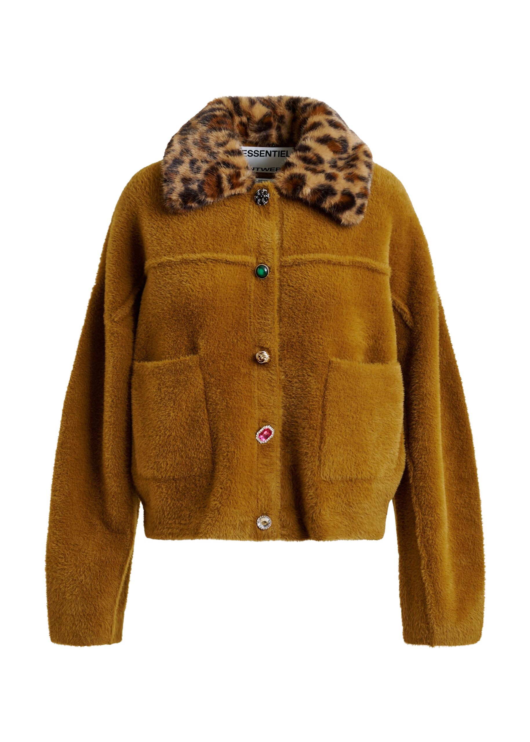 Essentiel Antwerp Brown cardigan with removable leopard faux fur collar