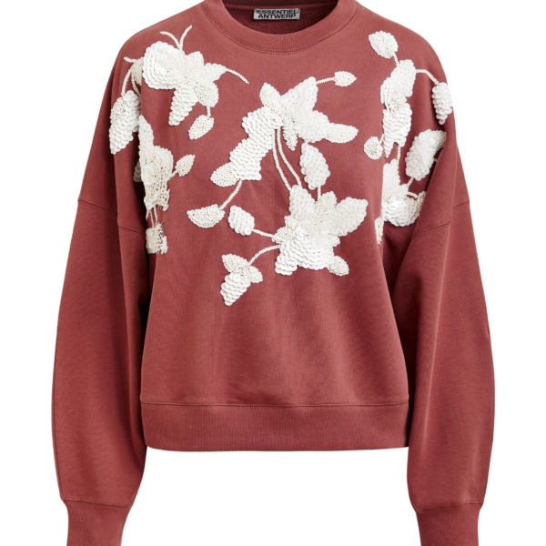 Essentiel Antwerp Brown cotton sweatshirt with off-white floral sequin and bead-embellished embroidery Top