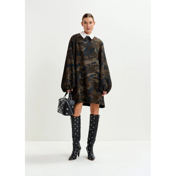 khaki and black camouflage A-line mini dress with removable collar - Essentiel Antwerp Dresses - Colorful Belgian Design - Shop at Luxury Shoes 