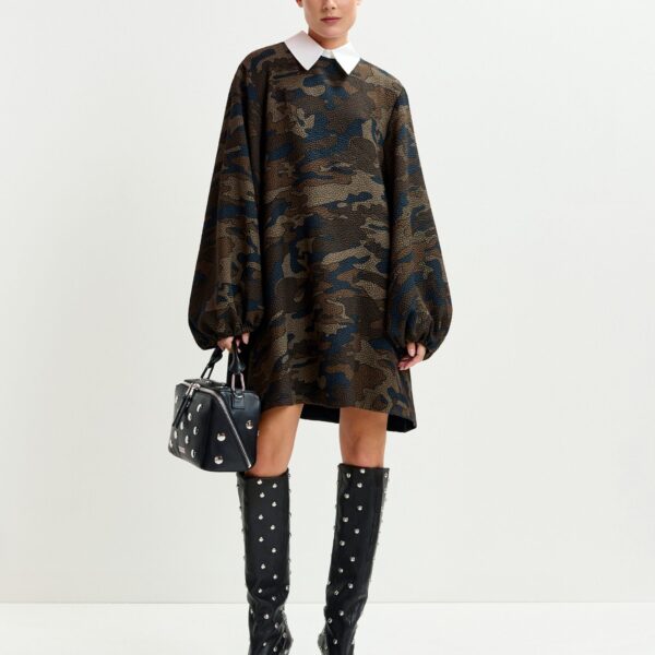 Essentiel Antwerp Brown, khaki and black camouflage A-line mini dress with removable collar, view 2