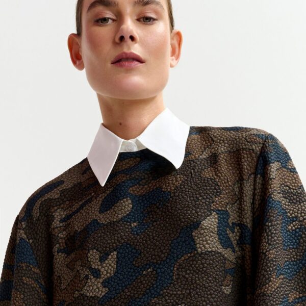 Essentiel Antwerp Brown, khaki and black camouflage A-line mini dress with removable collar, view 3