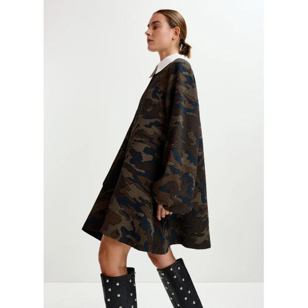 khaki and black camouflage A-line mini dress with removable collar - Essentiel Antwerp Dresses - Colorful Belgian Design - Shop at Luxury Shoes 