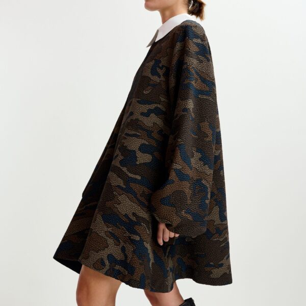 Essentiel Antwerp Brown, khaki and black camouflage A-line mini dress with removable collar, view 4
