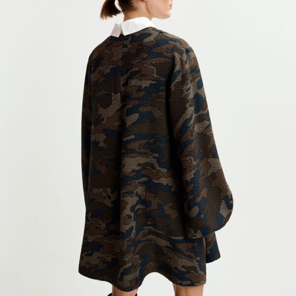 Essentiel Antwerp Brown, khaki and black camouflage A-line mini dress with removable collar, view 5