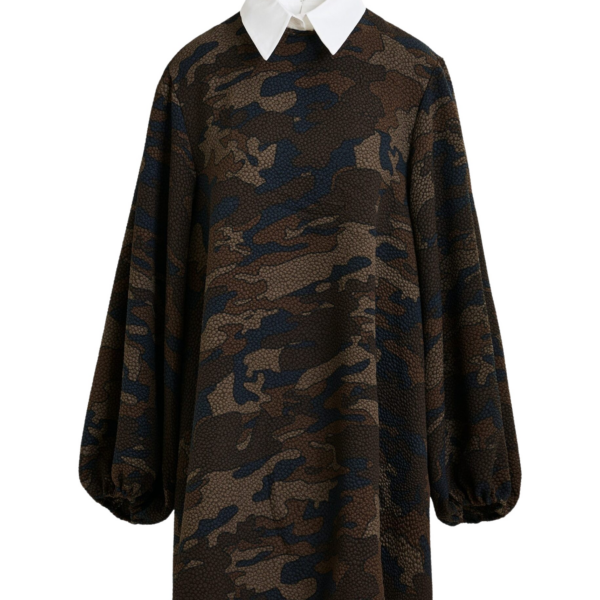 Essentiel Antwerp Brown, khaki and black camouflage A-line mini dress with removable collar