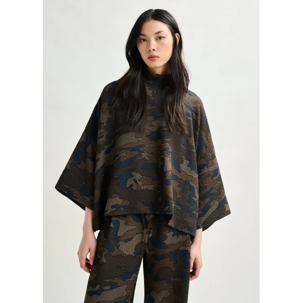 khaki and black oversized top with stand-up collar - Essentiel Antwerp Tops - Colorful Belgian Design - Shop at Luxury Shoes 