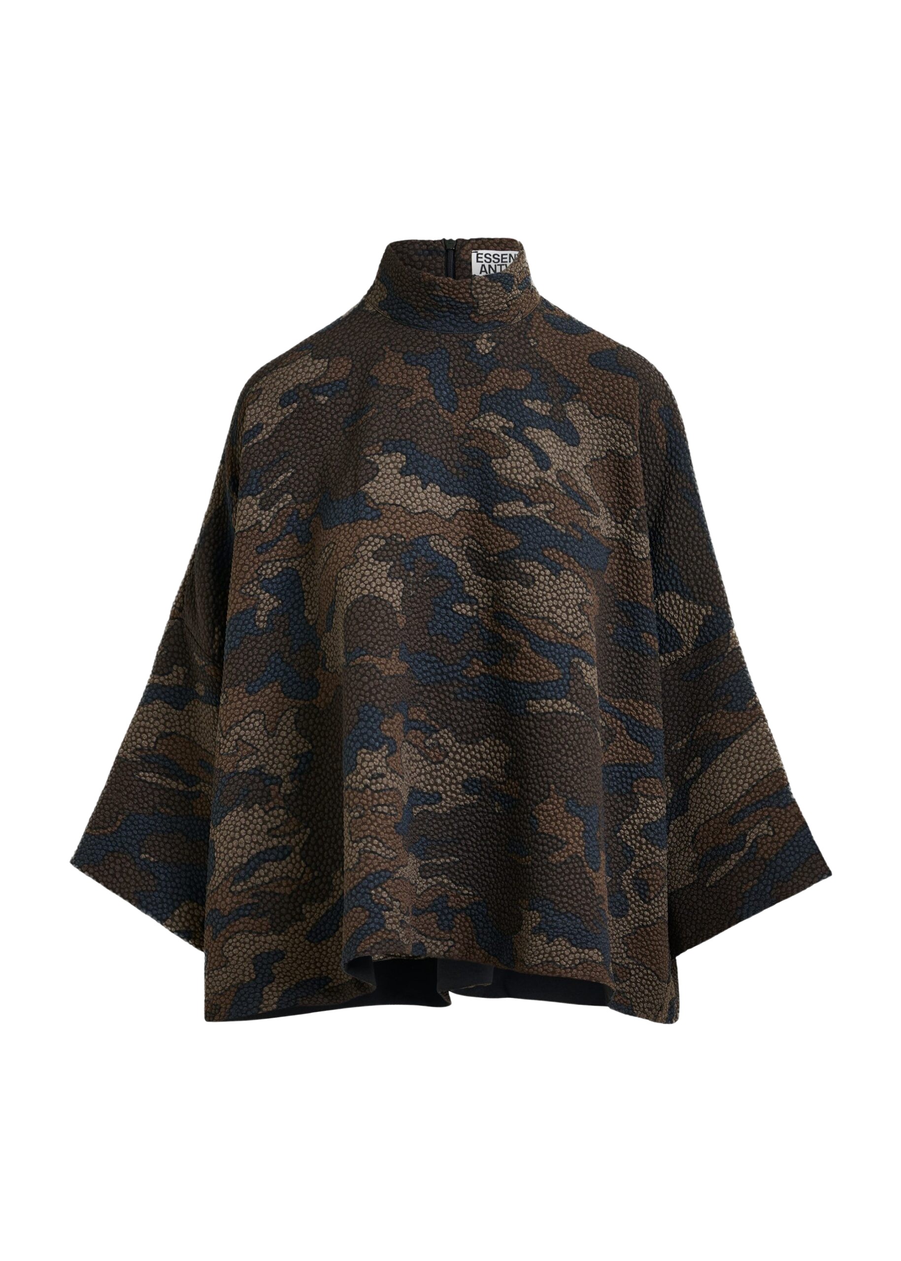 Essentiel Antwerp Brown, khaki and black oversized top with stand-up collar