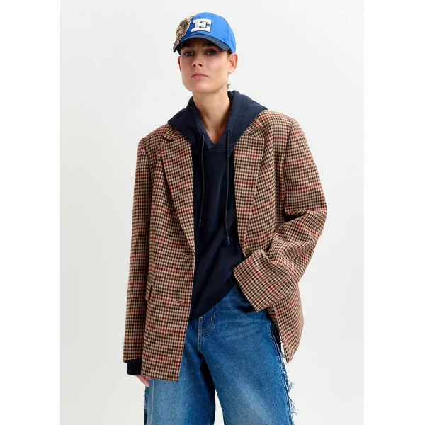 red and black checkered single-breasted blazer - Essentiel Antwerp Jackets - Colorful Belgian Design - Shop at Luxury Shoes 