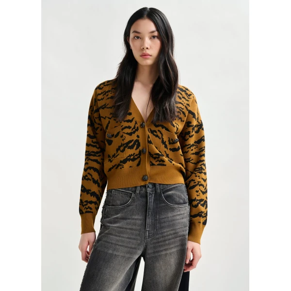 Essentiel Antwerp Brown tiger-print cardigan with rhinestone encrushed buttons - Essentiel Antwerp Knitwear - Colorful Belgian Design - Shop at Luxury Shoes 