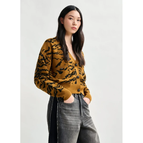 Essentiel Antwerp Brown tiger-print cardigan with rhinestone encrushed buttons - Essentiel Antwerp Knitwear - Colorful Belgian Design - Shop at Luxury Shoes 