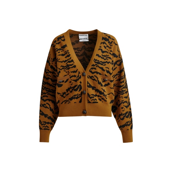Essentiel Antwerp Brown tiger-print cardigan with rhinestone encrushed buttons - Essentiel Antwerp Knitwear - Colorful Belgian Design - Shop at Luxury Shoes 