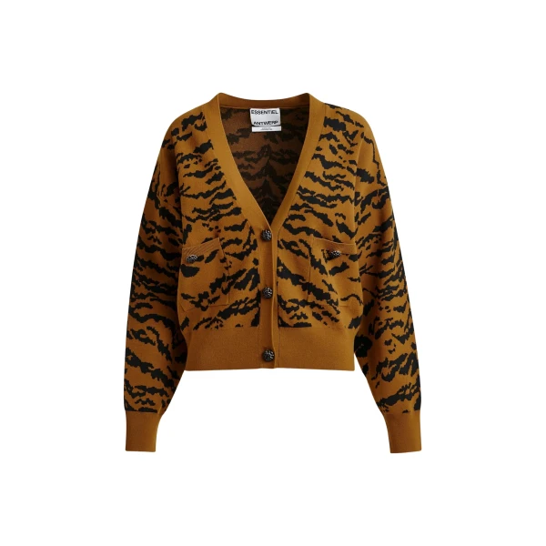 Essentiel Antwerp Brown tiger-print cardigan with rhinestone encrushed buttons - Essentiel Antwerp Knitwear - Colorful Belgian Design - Shop at Luxury Shoes 