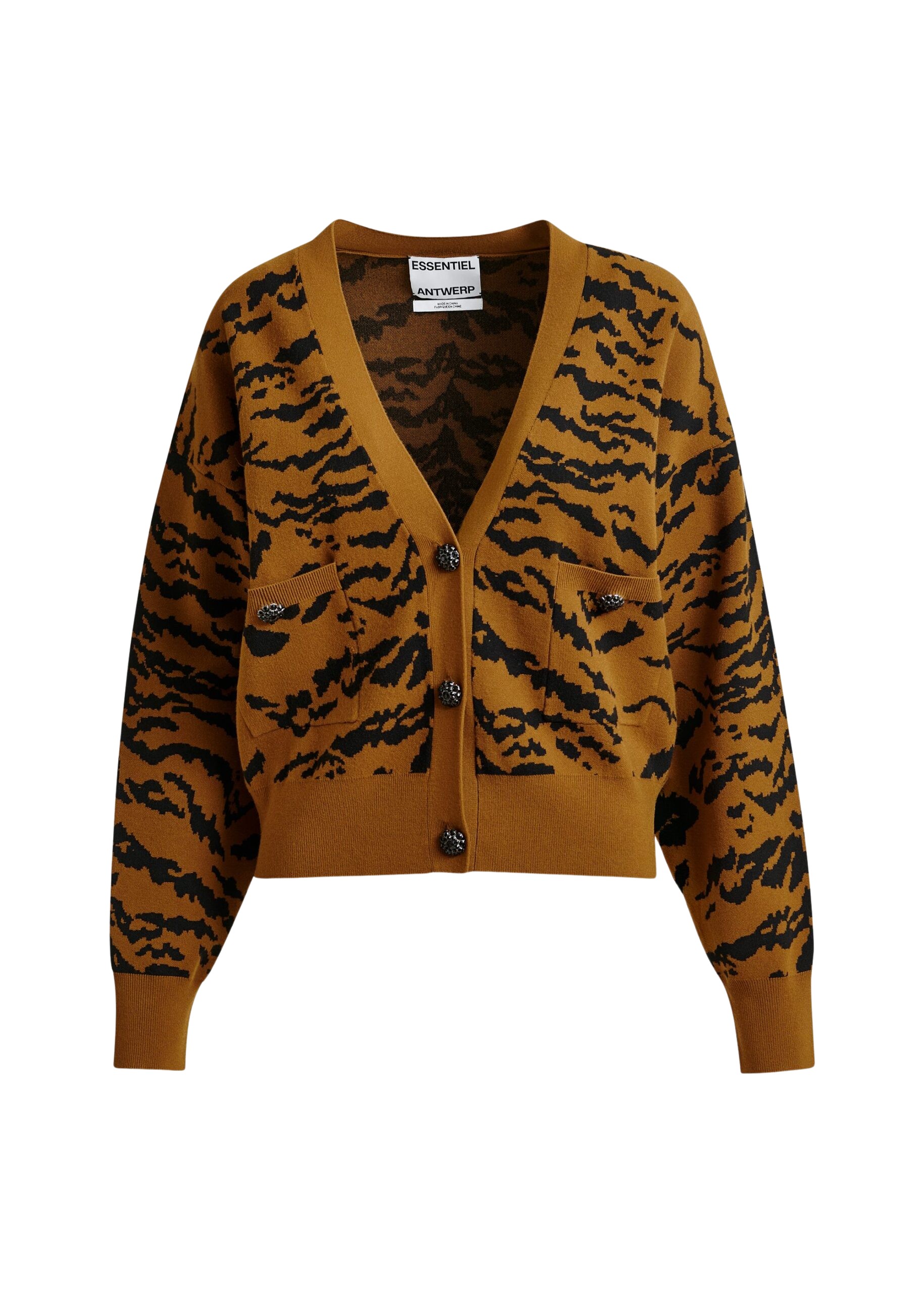 Essentiel Antwerp Brown tiger-print cardigan with rhinestone encrushed buttons