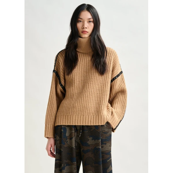 Essentiel Antwerp Brown wool-blend turtleneck with detachable collar and rhinestone embellishments - Essentiel Antwerp Knitwear - Colorful Belgian Design - Shop at Luxury Shoes 