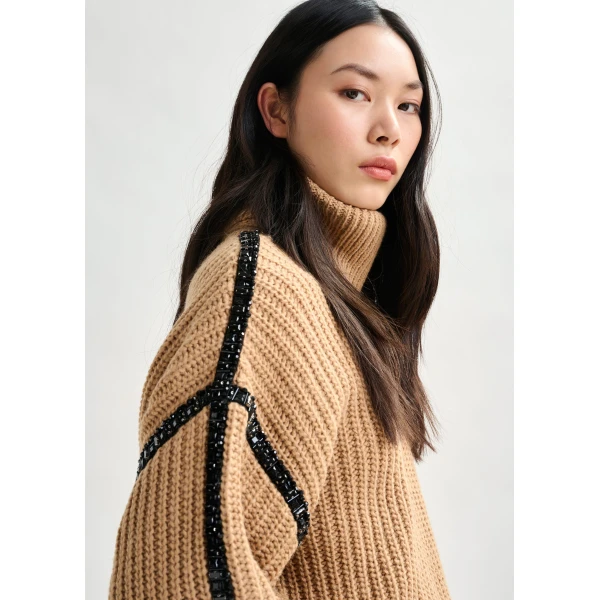 Essentiel Antwerp Brown wool-blend turtleneck with detachable collar and rhinestone embellishments - Essentiel Antwerp Knitwear - Colorful Belgian Design - Shop at Luxury Shoes 