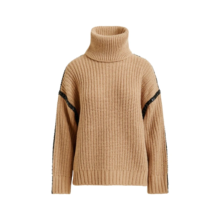 Essentiel Antwerp Brown wool-blend turtleneck with detachable collar and rhinestone embellishments - Essentiel Antwerp Knitwear - Colorful Belgian Design - Shop at Luxury Shoes 