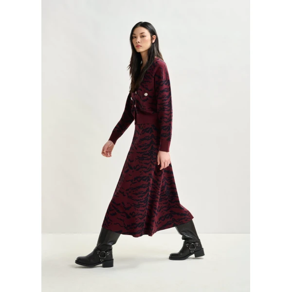 Essentiel Antwerp Burgundy and black tiger-print A-line knit midi skirt - Essentiel Antwerp Skirts - Colorful Belgian Design - Shop at Luxury Shoes 