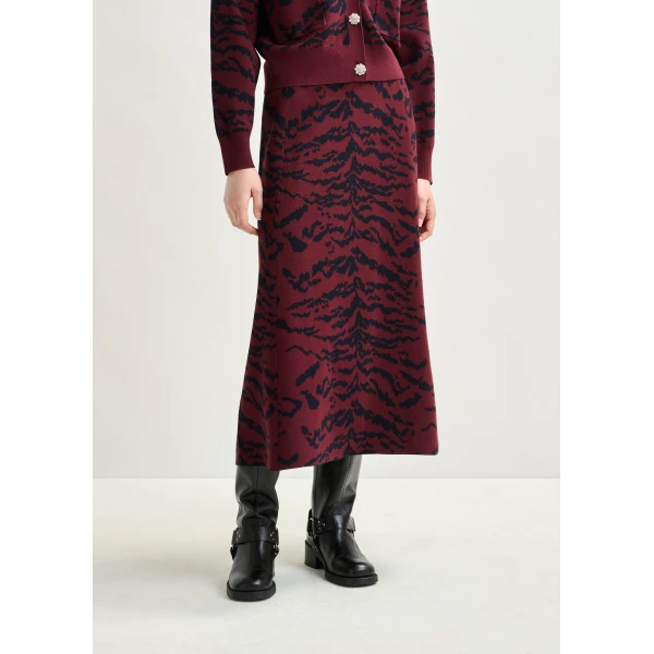 Essentiel Antwerp Burgundy and black tiger-print A-line knit midi skirt - Essentiel Antwerp Skirts - Colorful Belgian Design - Shop at Luxury Shoes 