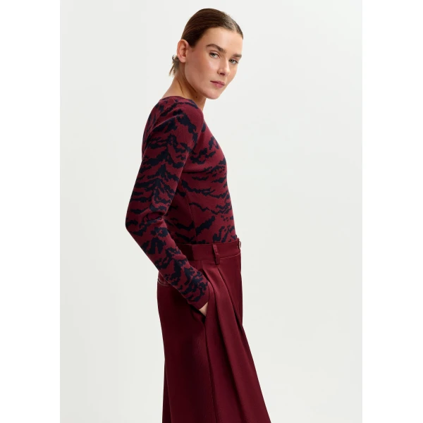 Essentiel Antwerp Burgundy and black tiger-print knitted sweater - Essentiel Antwerp Knitwear - Colorful Belgian Design - Shop at Luxury Shoes 