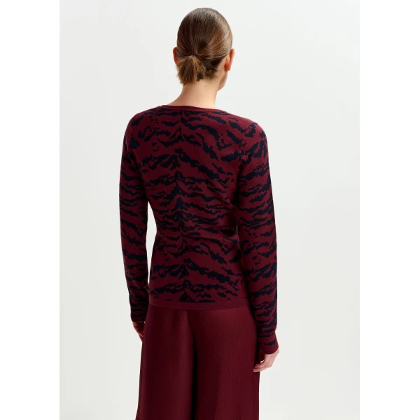 Essentiel Antwerp Burgundy and black tiger-print knitted sweater - Essentiel Antwerp Knitwear - Colorful Belgian Design - Shop at Luxury Shoes 