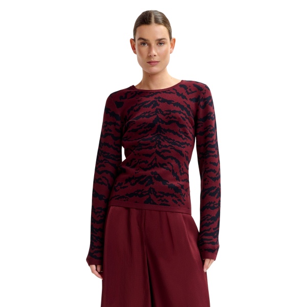 Essentiel Antwerp Burgundy and black tiger-print knitted sweater - Essentiel Antwerp Knitwear - Colorful Belgian Design - Shop at Luxury Shoes 