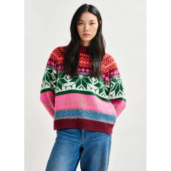 Essentiel Antwerp Burgundy and multicolor mélange knit jacquard sweater - Essentiel Antwerp Jackets - Colorful Belgian Design - Shop at Luxury Shoes 