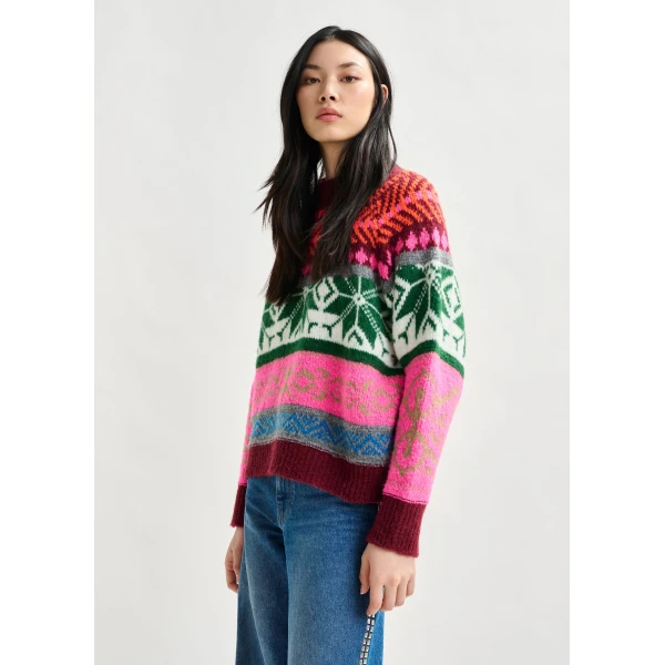 Essentiel Antwerp Burgundy and multicolor mélange knit jacquard sweater - Essentiel Antwerp Jackets - Colorful Belgian Design - Shop at Luxury Shoes 