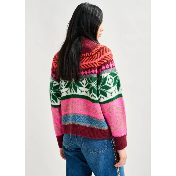 Essentiel Antwerp Burgundy and multicolor mélange knit jacquard sweater - Essentiel Antwerp Jackets - Colorful Belgian Design - Shop at Luxury Shoes 