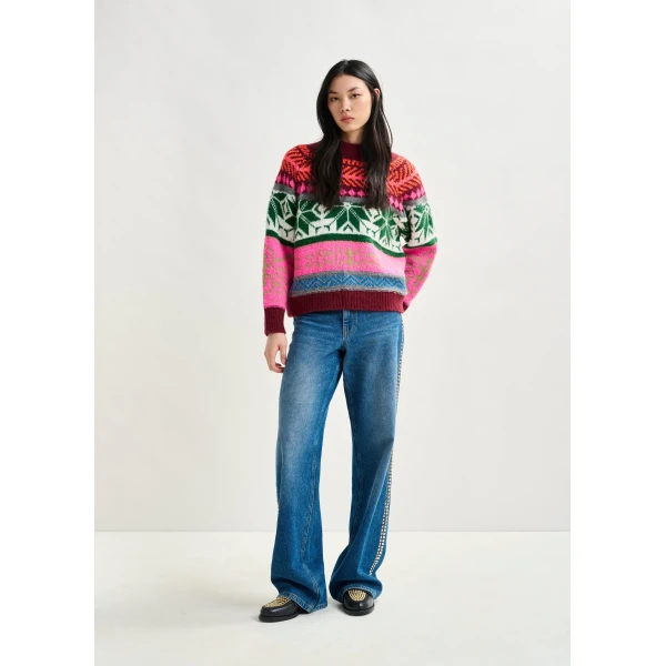 Essentiel Antwerp Burgundy and multicolor mélange knit jacquard sweater - Essentiel Antwerp Jackets - Colorful Belgian Design - Shop at Luxury Shoes 