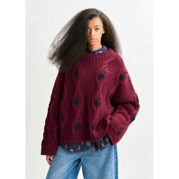 Essentiel Antwerp Burgundy and navy polka-dot cable-knit sweater - Essentiel Antwerp Knitwear - Colorful Belgian Design - Shop at Luxury Shoes 