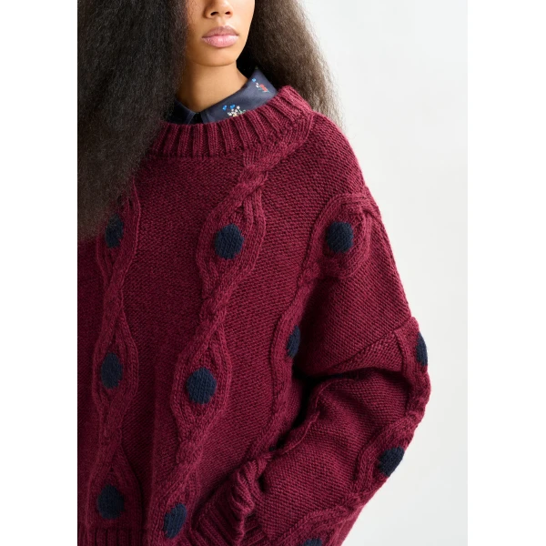 Essentiel Antwerp Burgundy and navy polka-dot cable-knit sweater - Essentiel Antwerp Knitwear - Colorful Belgian Design - Shop at Luxury Shoes 