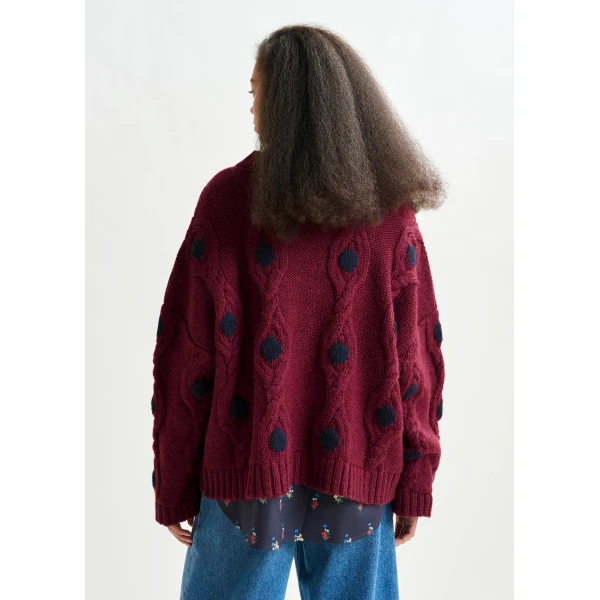 Essentiel Antwerp Burgundy and navy polka-dot cable-knit sweater - Essentiel Antwerp Knitwear - Colorful Belgian Design - Shop at Luxury Shoes 