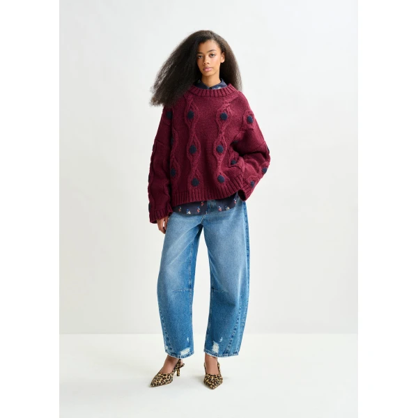 Essentiel Antwerp Burgundy and navy polka-dot cable-knit sweater - Essentiel Antwerp Knitwear - Colorful Belgian Design - Shop at Luxury Shoes 