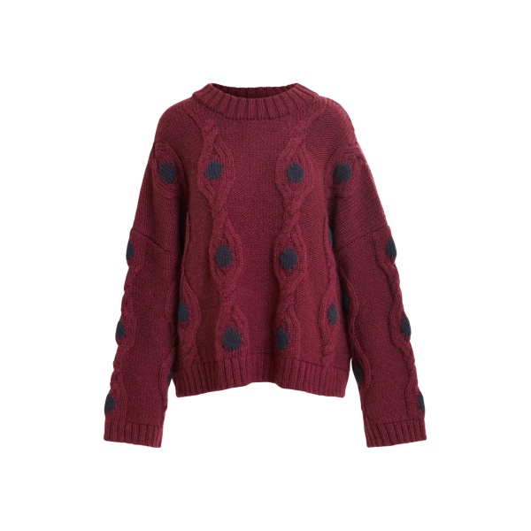 Essentiel Antwerp Burgundy and navy polka-dot cable-knit sweater - Essentiel Antwerp Knitwear - Colorful Belgian Design - Shop at Luxury Shoes 