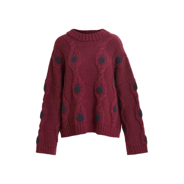 Essentiel Antwerp Burgundy and navy polka-dot cable-knit sweater - Essentiel Antwerp Knitwear - Colorful Belgian Design - Shop at Luxury Shoes 