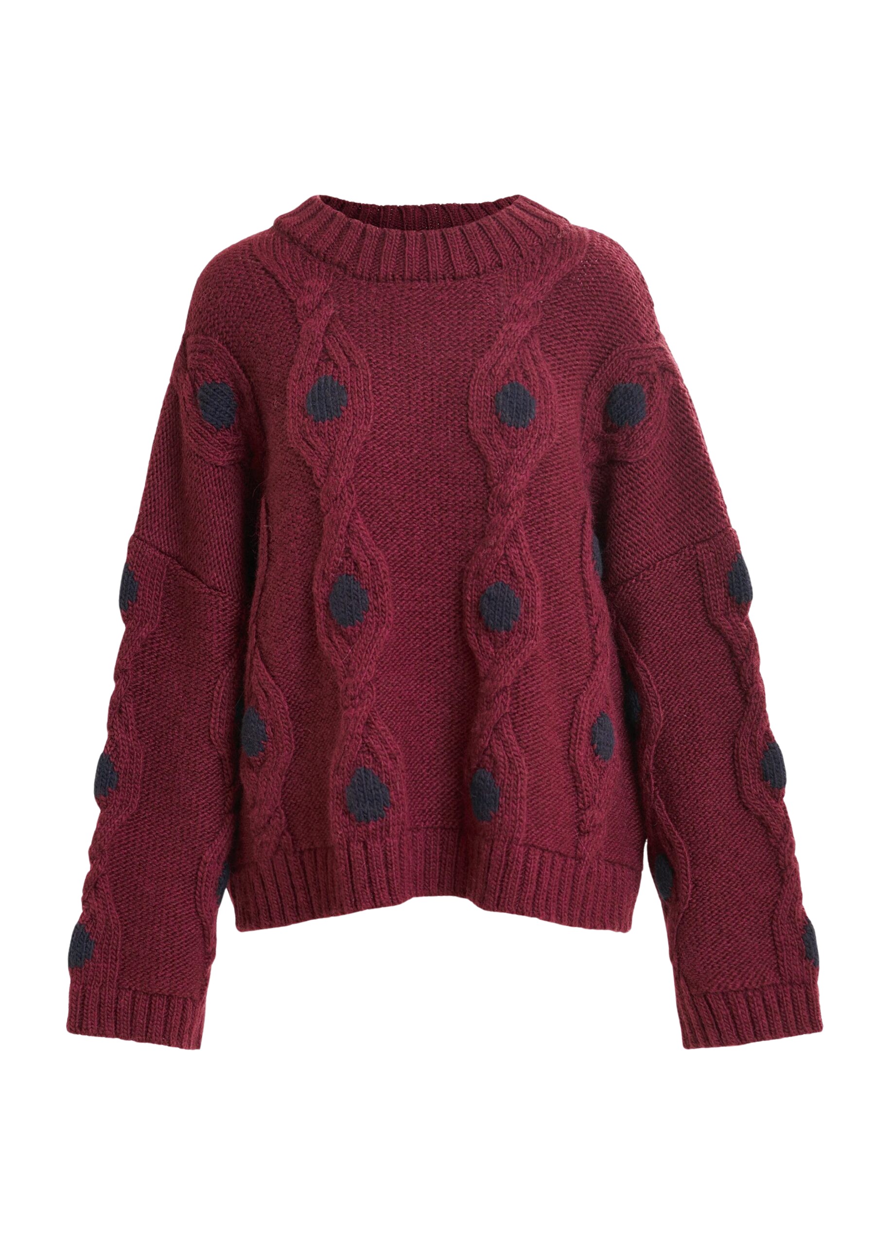 Essentiel Antwerp Burgundy and navy polka-dot cable-knit sweater