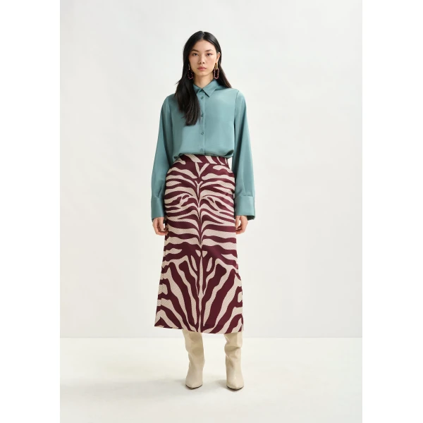 Essentiel Antwerp Burgundy and off-white maxi-length skirt with zebraprint - Essentiel Antwerp Skirts - Colorful Belgian Design - Shop at Luxury Shoes 